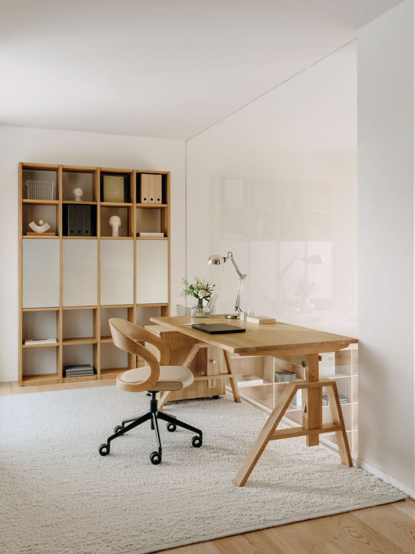 TEAM 7 atelier desk, cubus cabinet & girado chair in natural oak. photo: TEAM 7 - Available in Canada at The Mattress & Sleep Co.