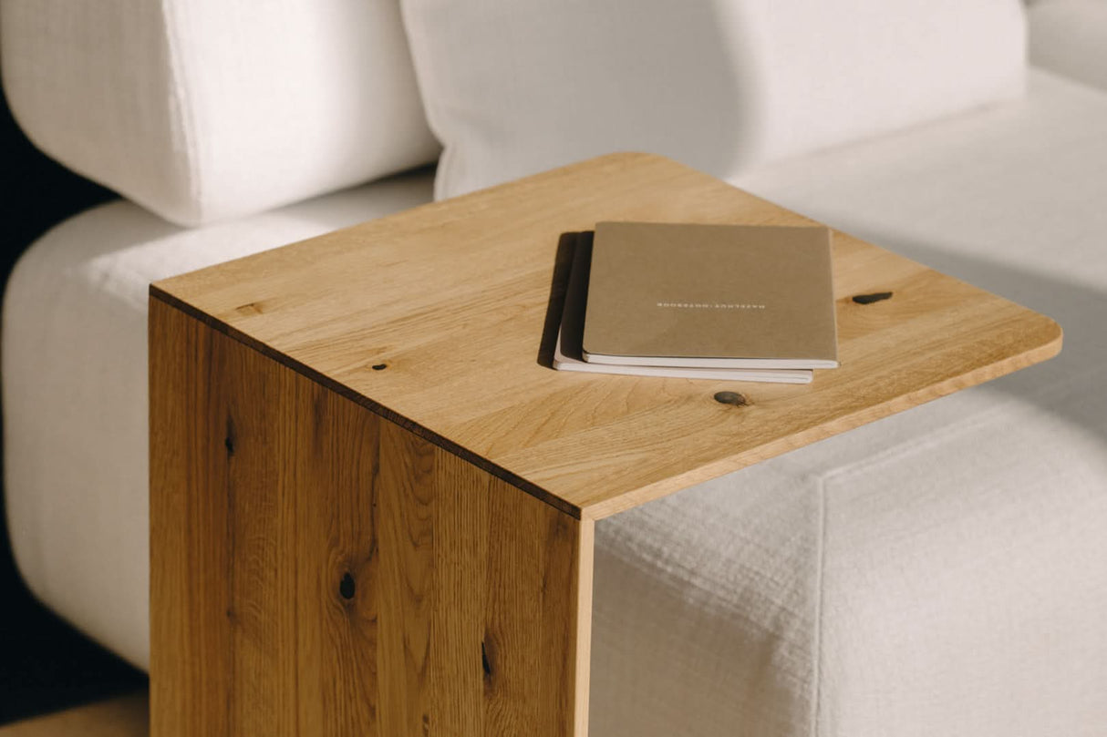 TEAM 7 clip side table in wild natural oak. photo: TEAM 7 - Available in Canada at The Mattress & Sleep Co.