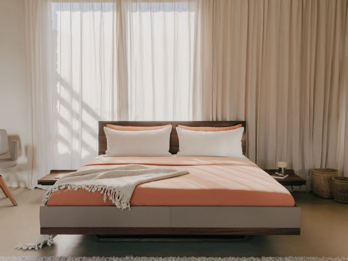 TEAM 7 riletto bed in walnut and light grey leather. photo: TEAM 7 - Available in Canada at The Mattress & Sleep Co.