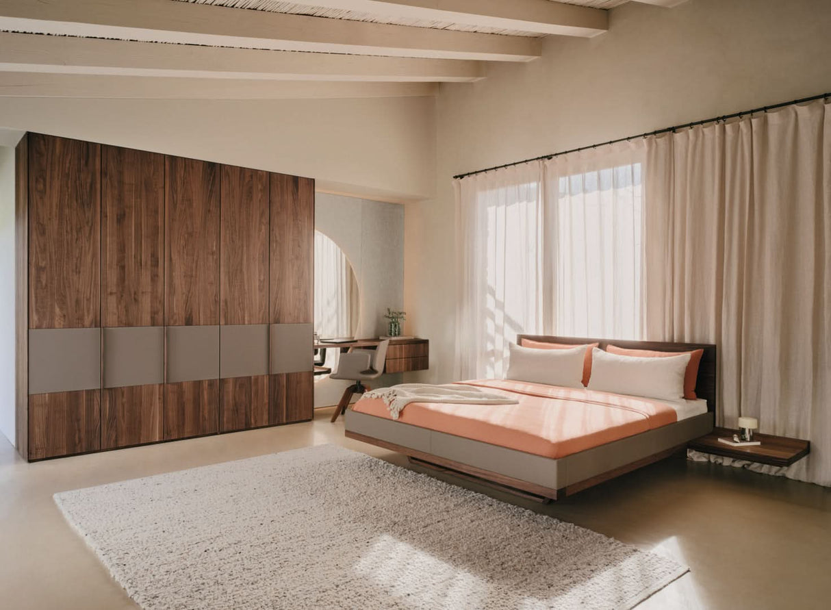 TEAM 7 riletto bed in walnut and light grey leather. photo: TEAM 7 - Available in Canada at The Mattress & Sleep Co.