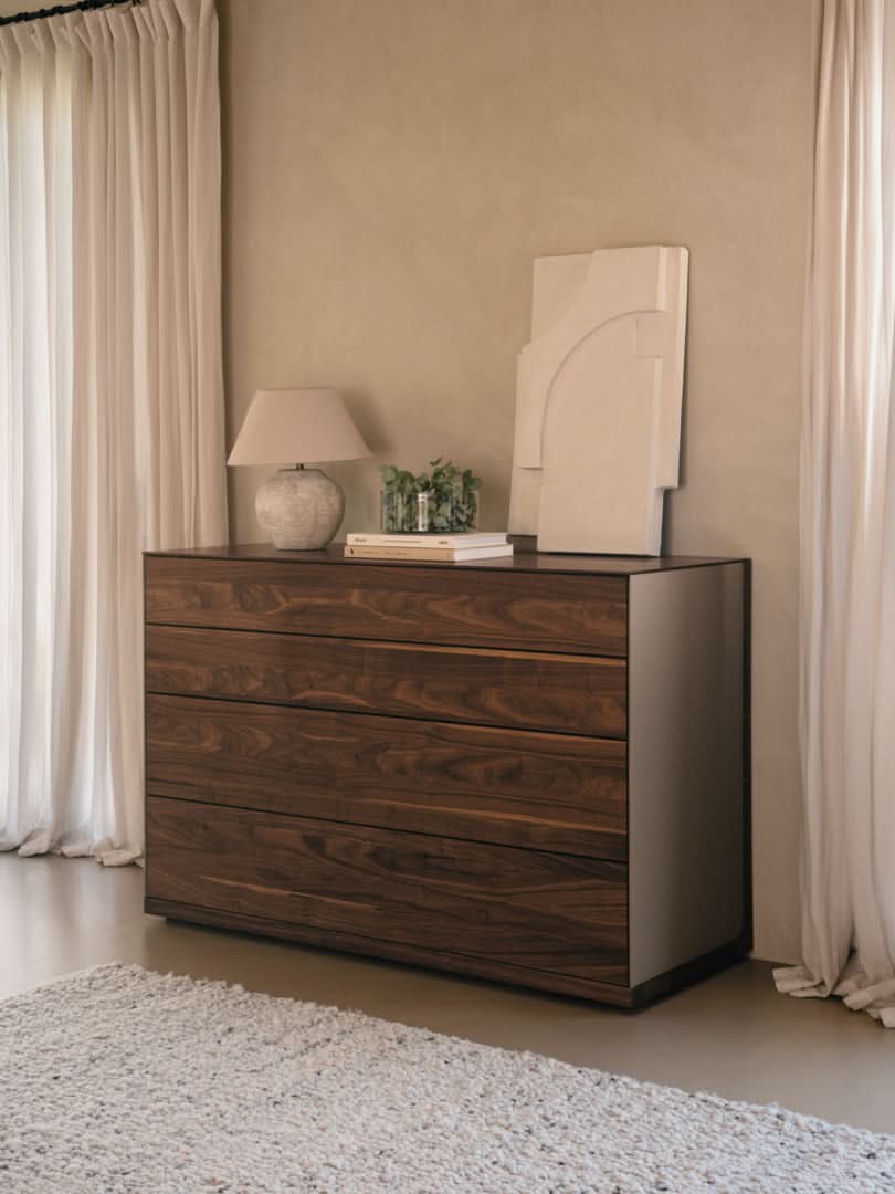 TEAM 7 riletto occasional furniture in walnut and light grey leather. photo: TEAM 7 - Available in Canada at The Mattress & Sleep Co.