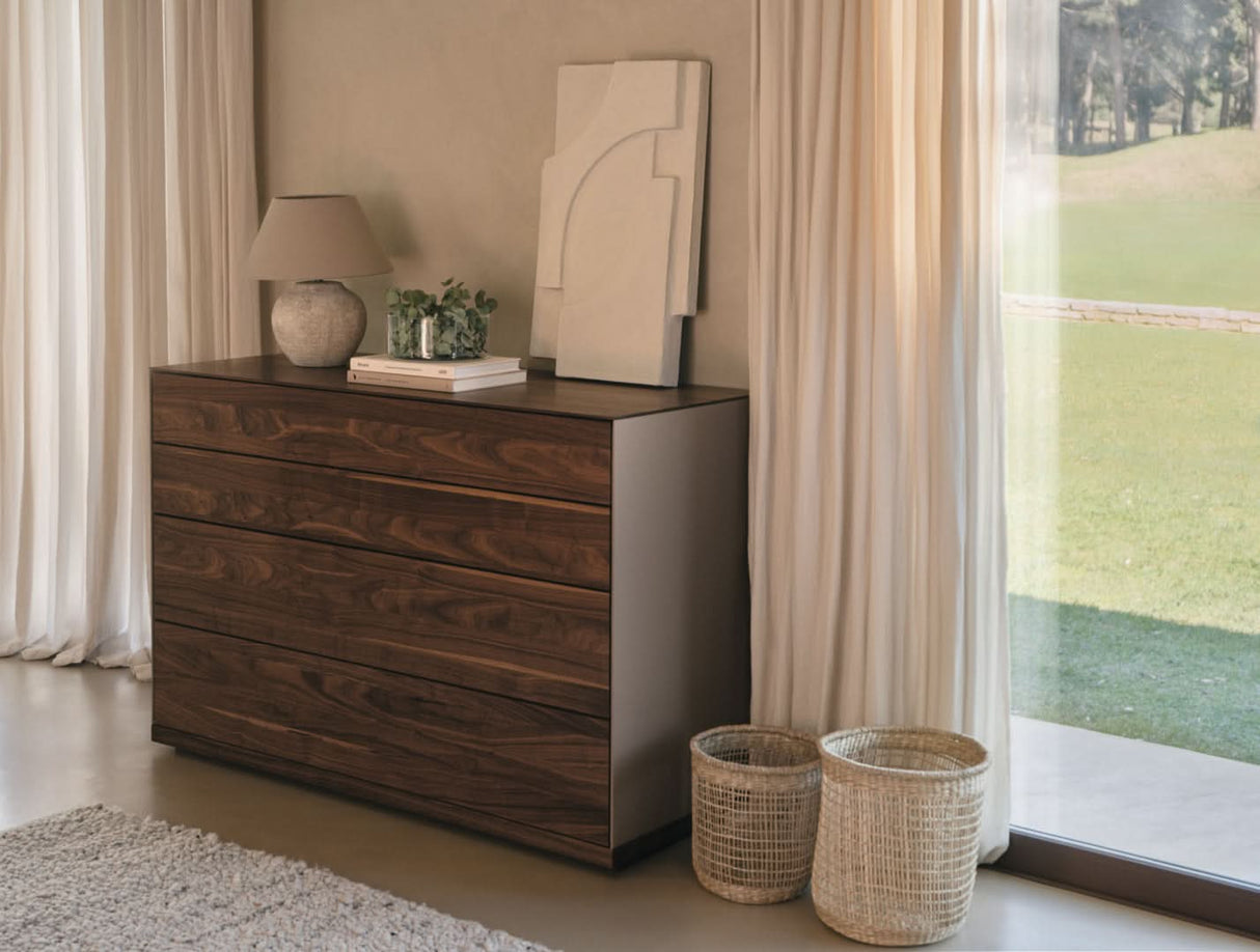 TEAM 7 riletto occasional furniture in walnut and light grey leather. photo: TEAM 7 - Available in Canada at The Mattress & Sleep Co.