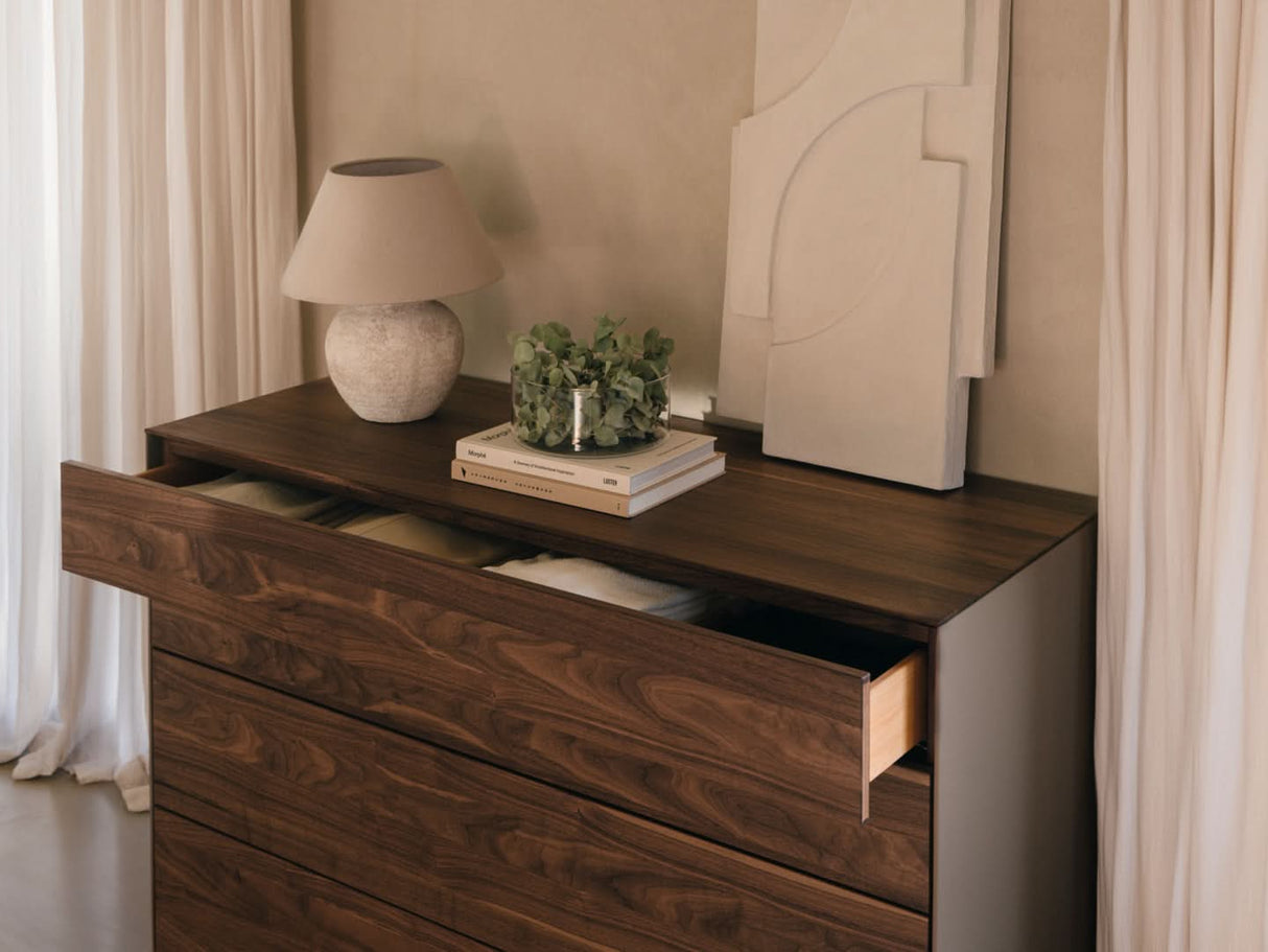 TEAM 7 riletto occasional furniture in walnut and light grey leather. photo: TEAM 7 - Available in Canada at The Mattress & Sleep Co.