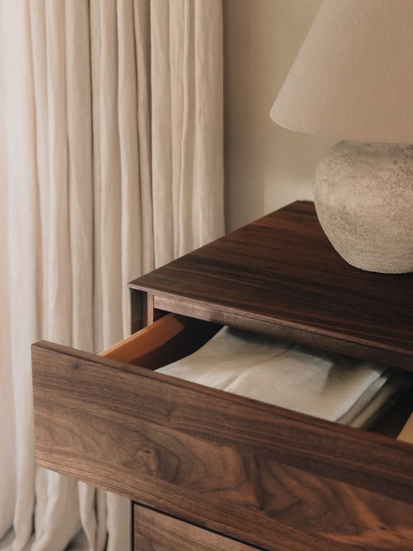 TEAM 7 riletto occasional furniture in walnut and light grey leather. photo: TEAM 7 - Available in Canada at The Mattress & Sleep Co.