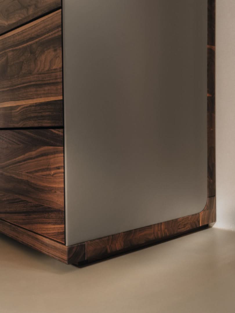 TEAM 7 riletto occasional furniture in walnut and light grey leather. photo: TEAM 7 - Available in Canada at The Mattress & Sleep Co.