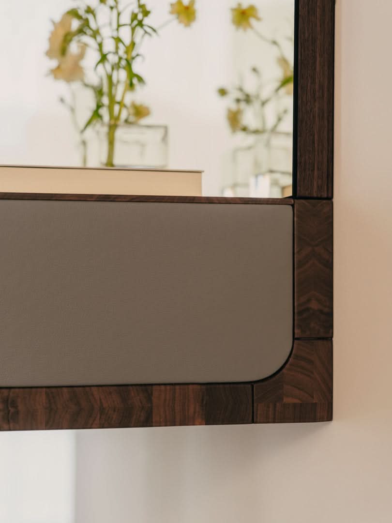 TEAM 7 riletto occasional furniture in walnut and light grey leather. photo: TEAM 7 - Available in Canada at The Mattress & Sleep Co.