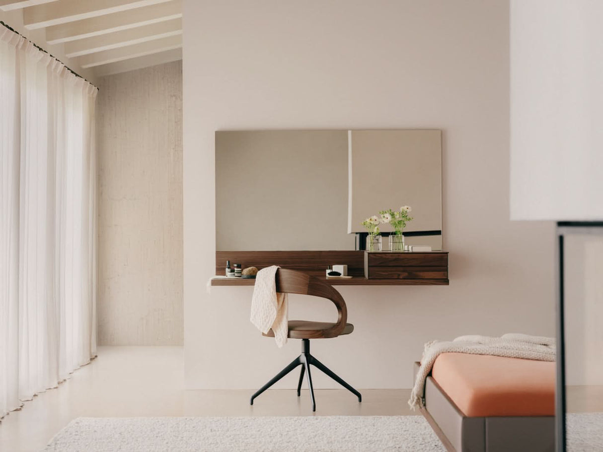 TEAM 7 riletto occasional furniture in walnut and light grey leather. photo: TEAM 7 - Available in Canada at The Mattress & Sleep Co.