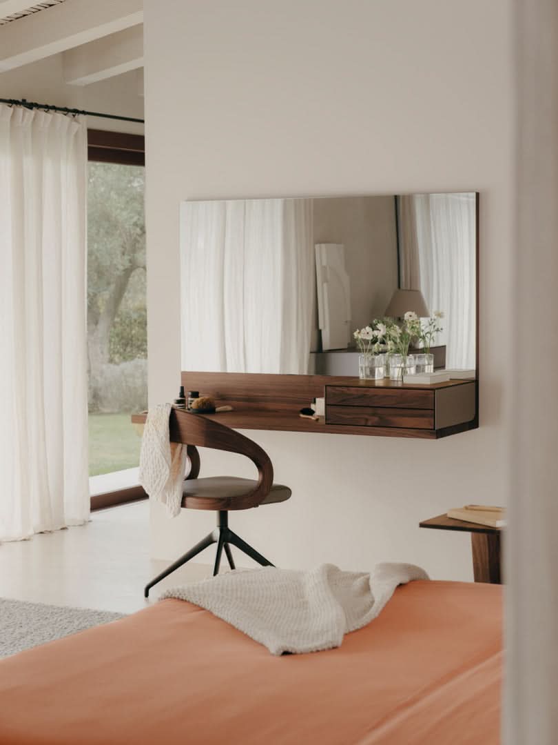 TEAM 7 riletto occasional furniture in walnut and light grey leather. photo: TEAM 7 - Available in Canada at The Mattress & Sleep Co.