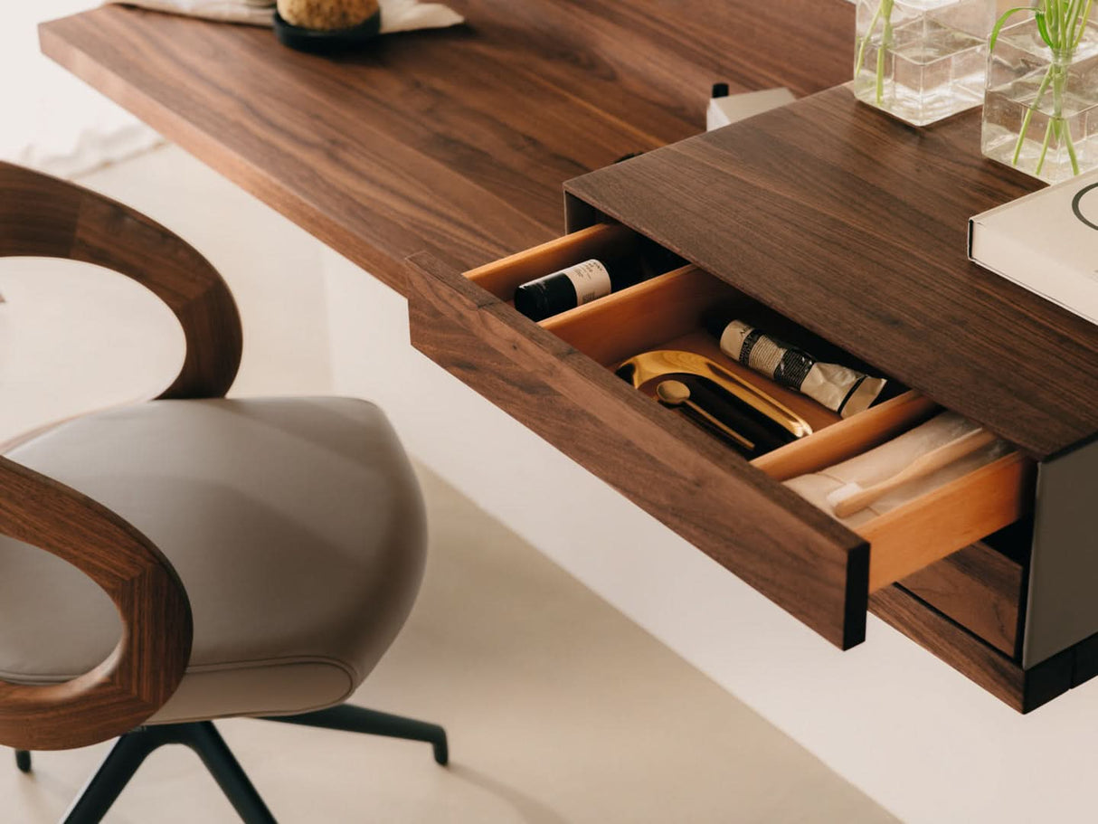 TEAM 7 riletto occasional furniture in walnut and light grey leather. photo: TEAM 7 - Available in Canada at The Mattress & Sleep Co.