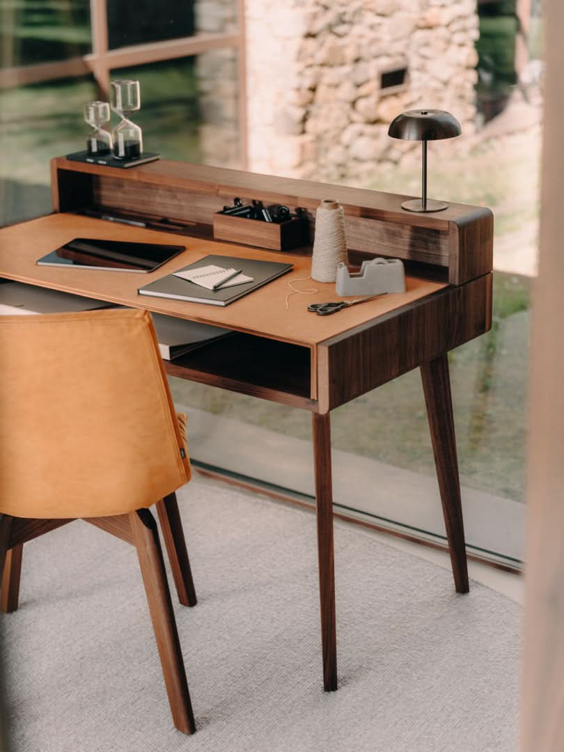 TEAM 7 sol writing desk in walnut + lui chair. photo: TEAM 7 - Available in Canada at The Mattress & Sleep Co.