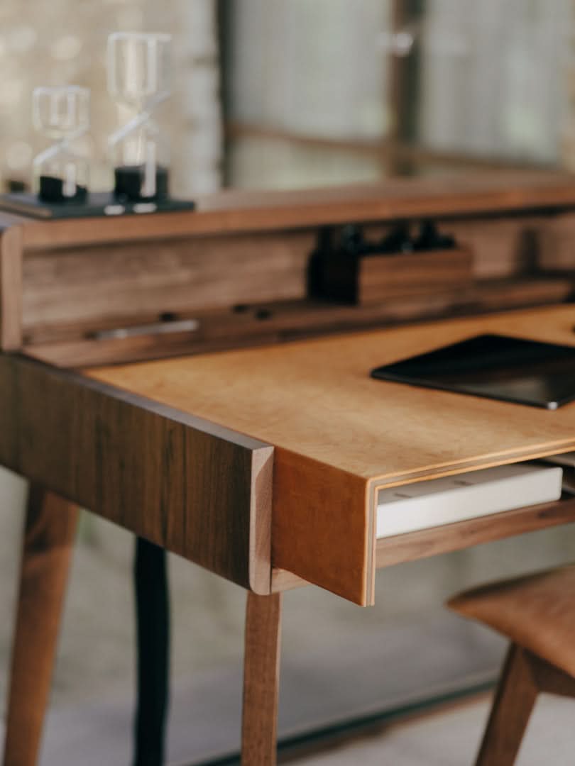 TEAM 7 sol writing desk in walnut + lui chair. photo: TEAM 7 - Available in Canada at The Mattress & Sleep Co.