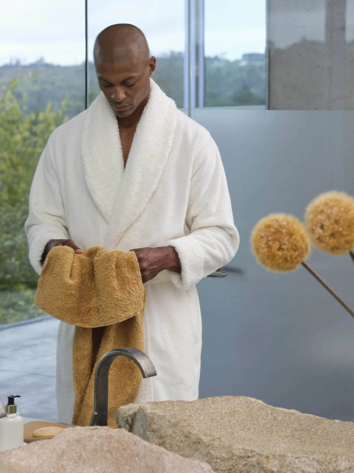 A&H Comfy Robe in 100 White - Quick Ship in this colour in most sizes. A&H Super Pile Hair Towel in 840 Gold