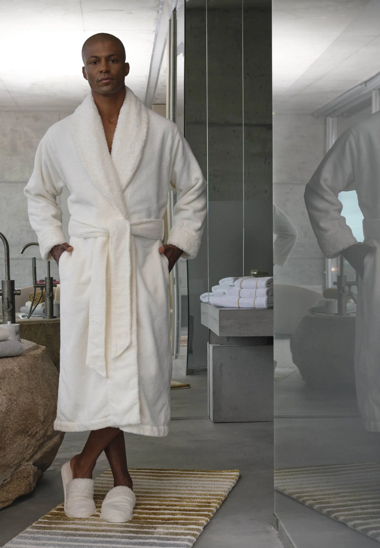 A&H Comfy Robe in 100 White - Quick Ship in this colour in most sizes. Also shown: A&H Comfy Slippers + Barns Rug