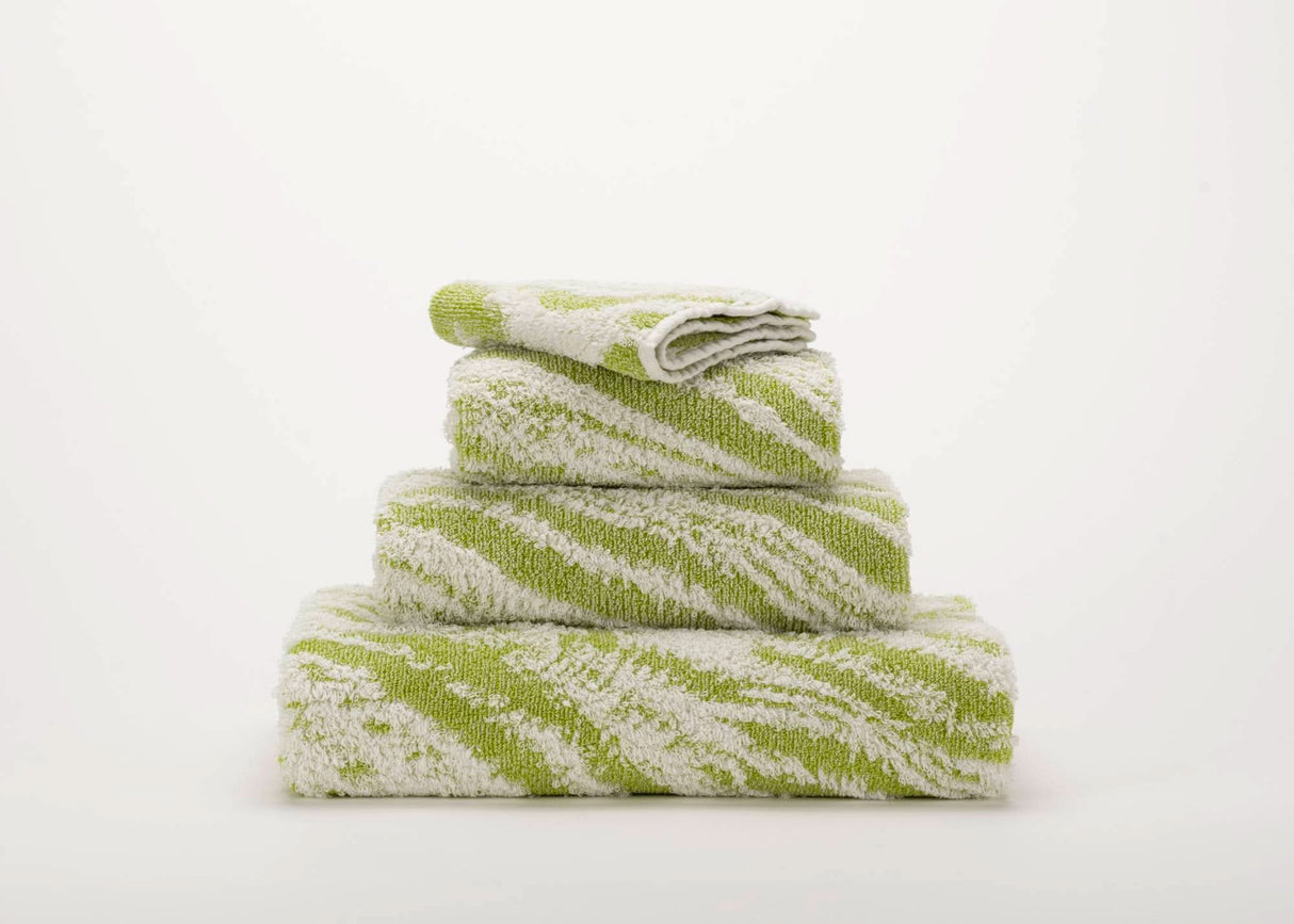 A&H Fogo Towels in 165 Apple Green. Top-to-bottom: Face, Hand, Hair and Bath Towels