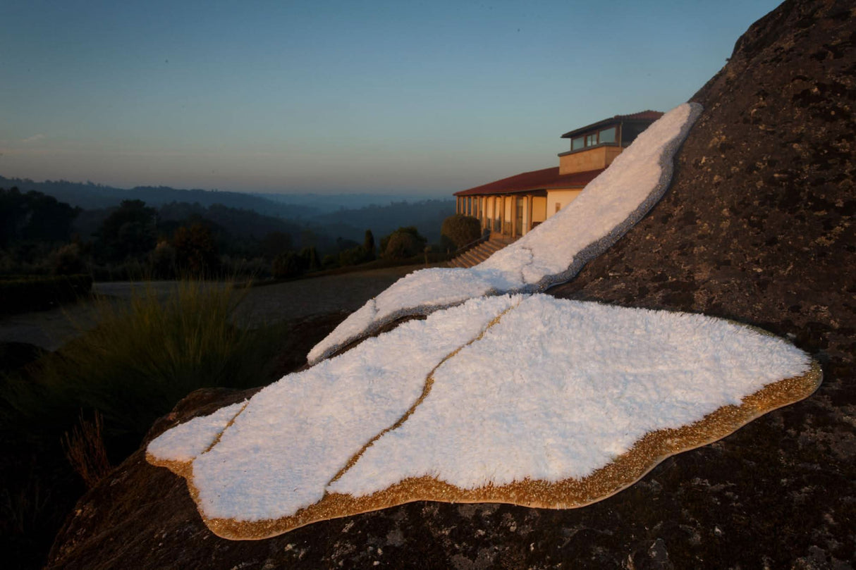 A&H Jess Bath Rug in 800 Gold. 100 White plush pile + lurex (shimmer) gold trim