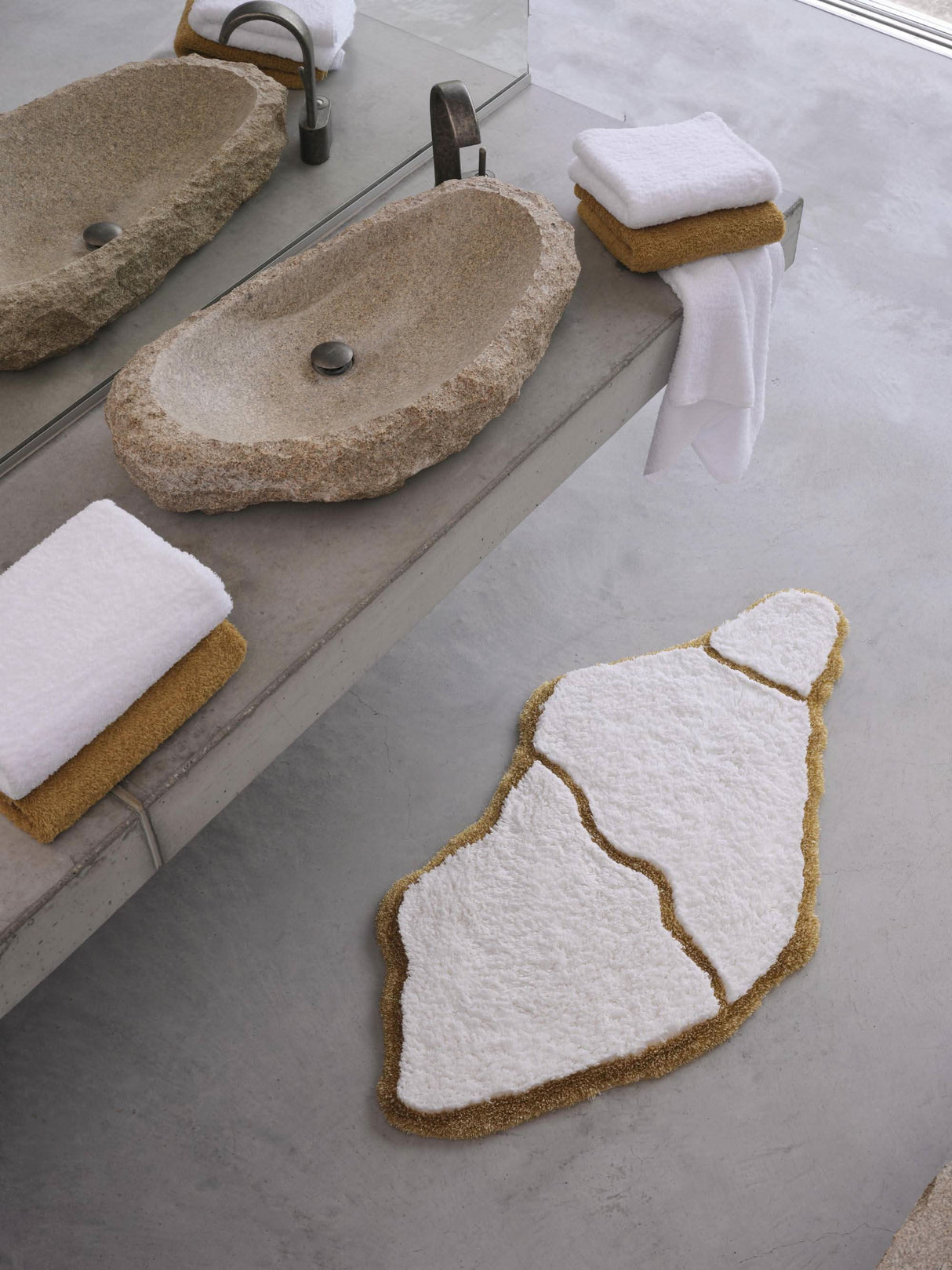 A&H Jess Bath Rug in 800 Gold. 100 White plush pile + lurex (shimmer) gold trim