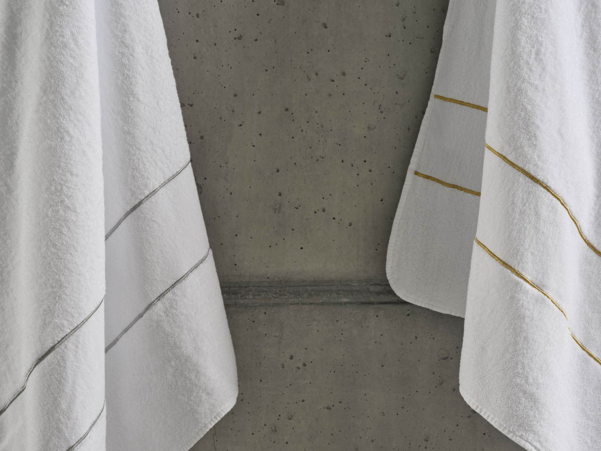 A&H Lara Embroidered Towels. Left: 109 Silver, Right: 108 Gold. The base towel colour is always 100 White