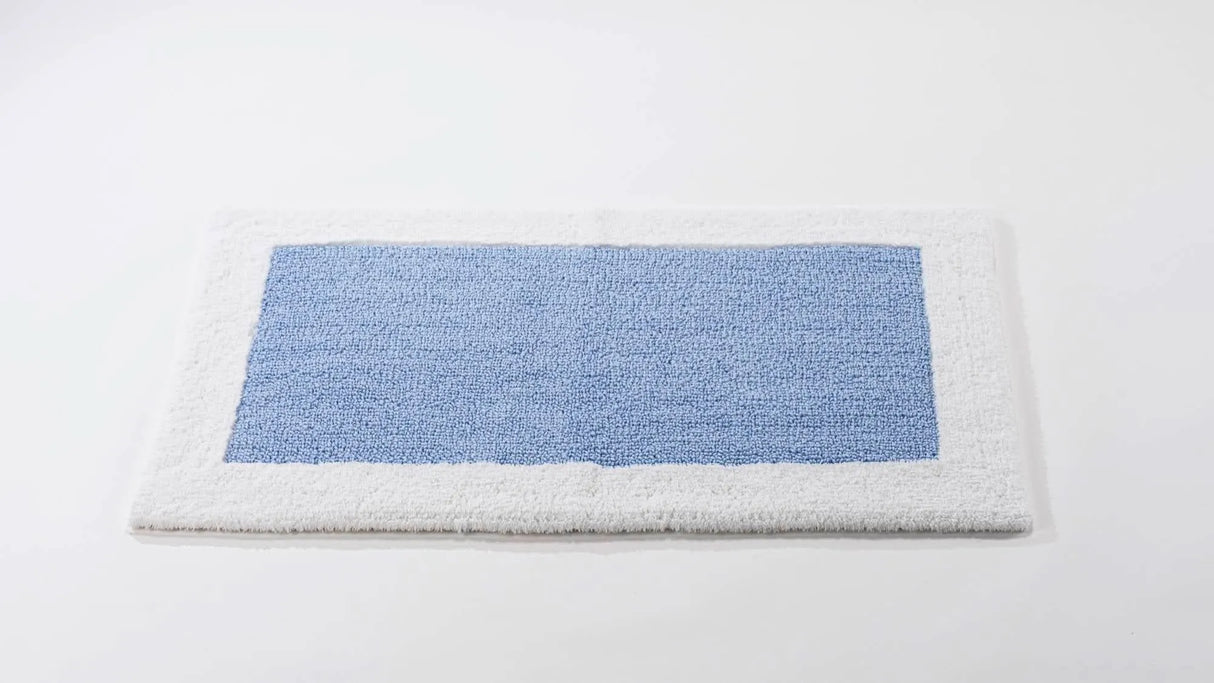 A&H Origine Reversible Bath Rug in 330 Powder Blue (Inset) and 100 White (Border). 100% Giza Egyptian Cotton Long Staple