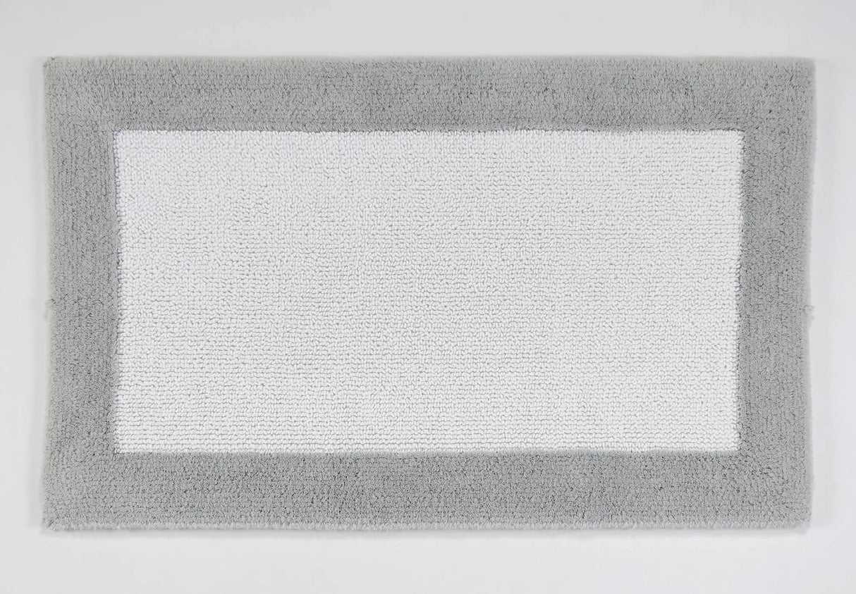 A&H Origine Reversible Bath Rug in 992 Platinum (Border) and 100 White (Inset). 100% Giza Egyptian Cotton Long Staple