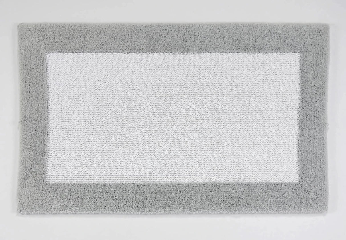 A&H Origine Reversible Bath Rug in 992 Platinum (Border) and 100 White (Inset). 100% Giza Egyptian Cotton Long Staple
