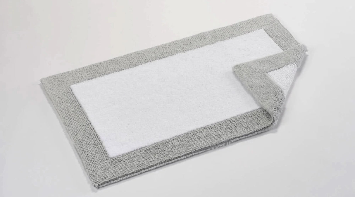 A&H Origine Reversible Bath Rug in 992 Platinum (Border) and 100 White (Inset). 100% Giza Egyptian Cotton Long Staple