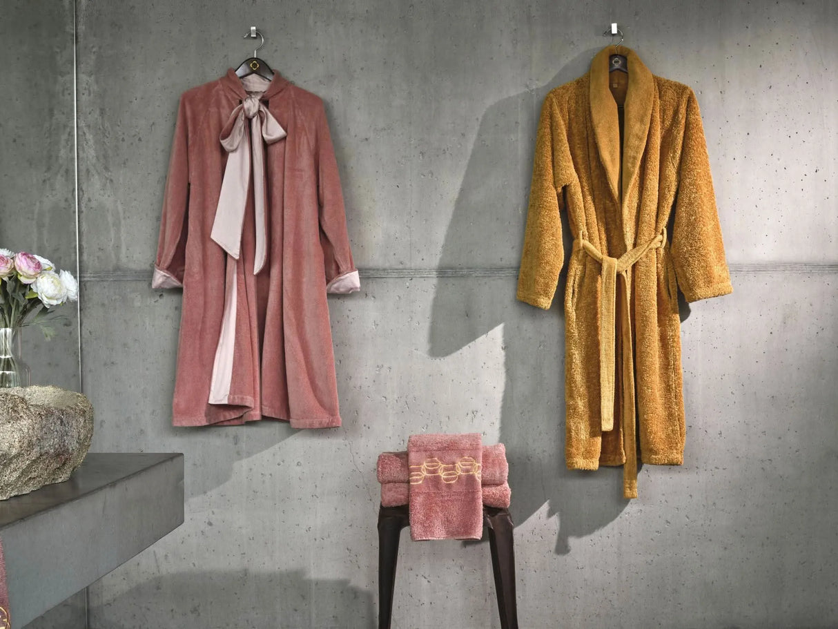 A&H Palacio Towels in 515 Rosette w/ Gold embroidery. A&H Palacio Robe (left, 515 Rosette) and A&H Super Pile Robe (right, 840 Gold)