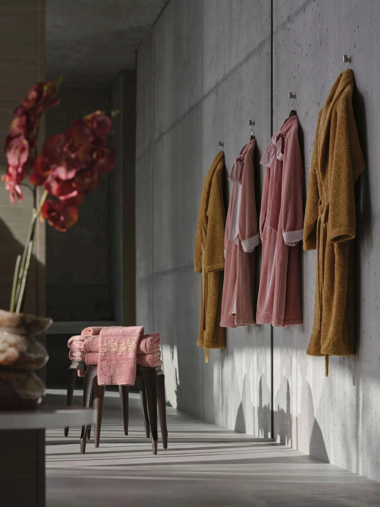 A&H Palacio Towels in 515 Rosette w/ Gold embroidery. Robes: A&H Palacio middle pair, 515 Rosette) and A&H Super Pile (outside pair, 840 Gold)