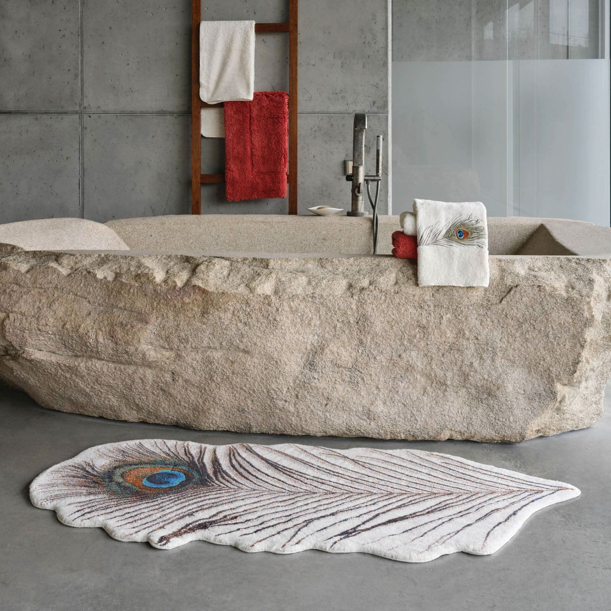 A&H Paleo Embroidered Hand Towel, A&H Must Bath Rug in 638 Chili (hanging). A&H Paon Rug (floor)