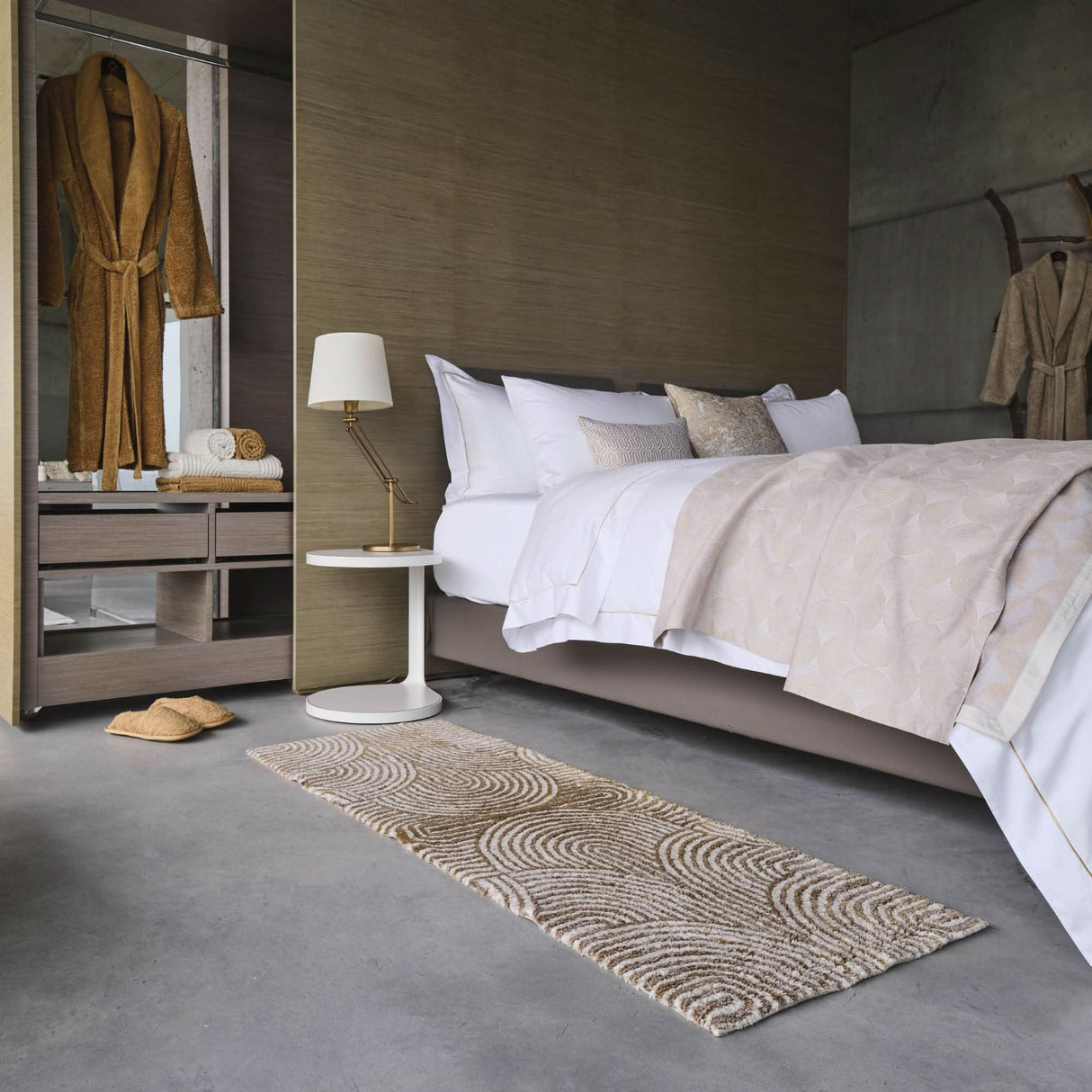 A&H Petal Bath Rug in 770 Linen. A&H Olly Towels in 103 Ivory & 840 Gold. A&H Super Pile Robe & Slippers in 840 Gold