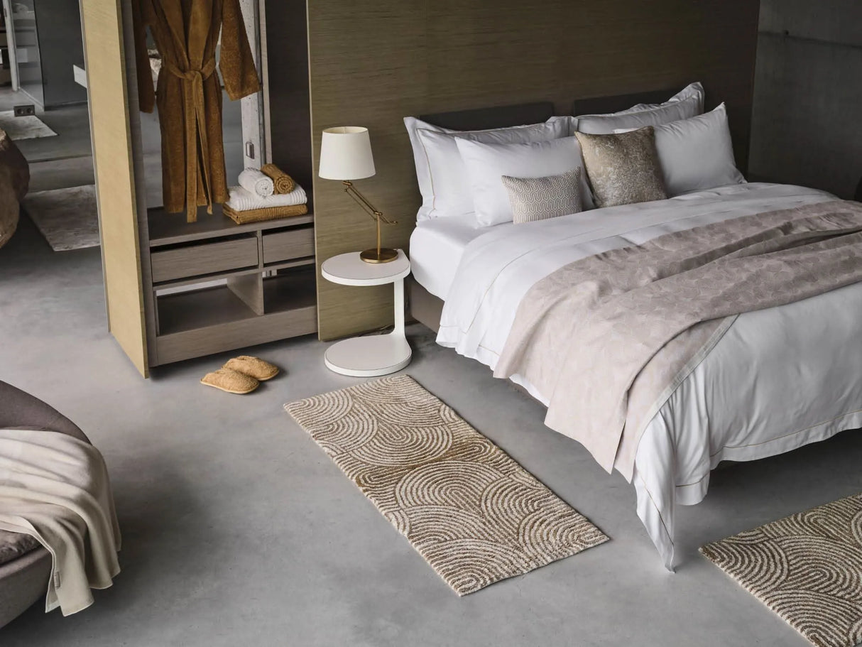 A&H Petal Bath Rug in 770 Linen. A&H Olly Towels in 103 Ivory & 840 Gold. A&H Super Pile Robe & Slippers in 840 Gold