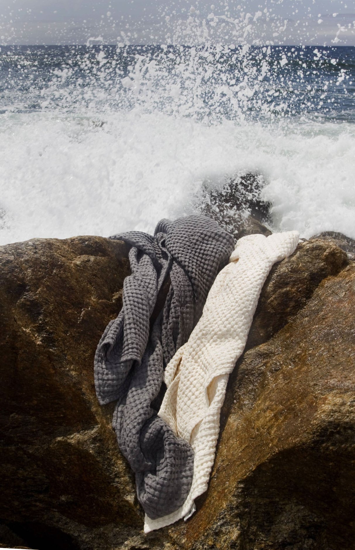 A&H Pousada Waffle Towels in 920 Gris (left) and 103 Ivory (right)