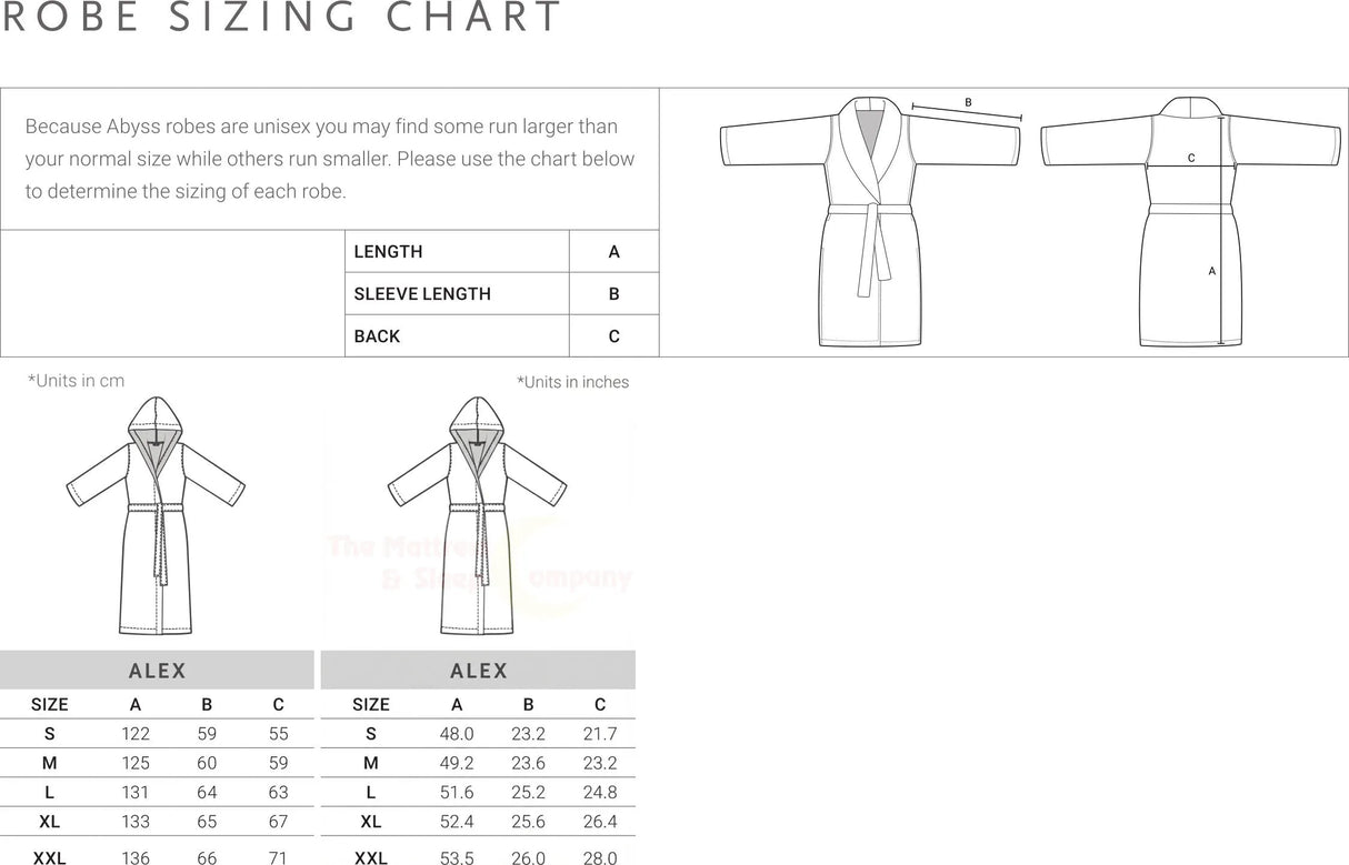 Abyss Alex Robe unisex sizing chart in metric and imperial dimensions