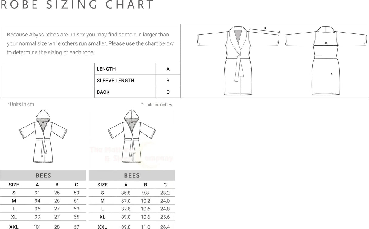 Abyss Bees Robe unisex sizing chart in metric and imperial dimensions