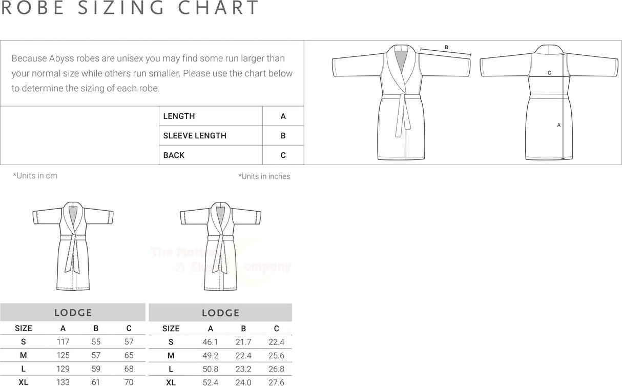 Abyss Lodge Robe unisex sizing chart in metric and imperial dimensions