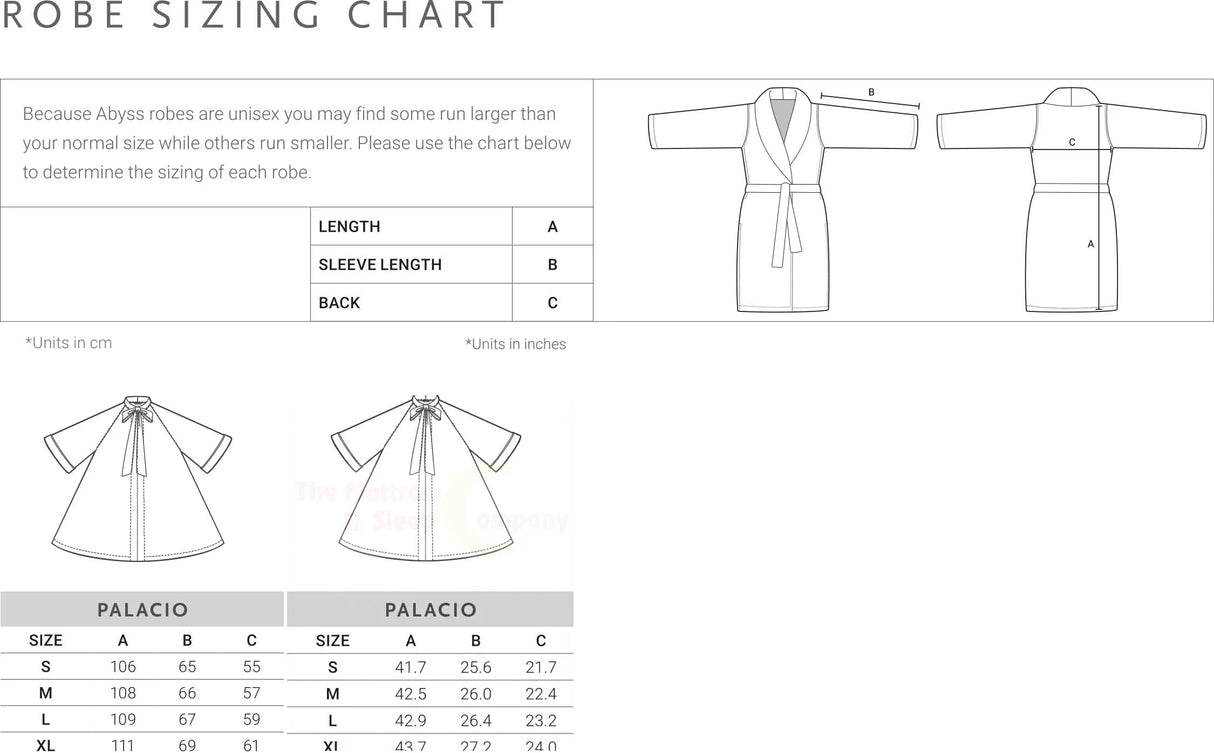 Abyss Palacio Robe unisex sizing chart in metric and imperial dimensions