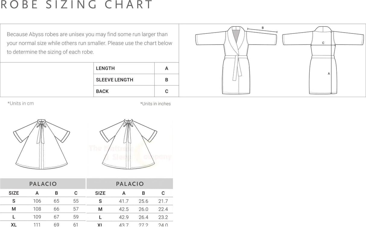 Abyss Palacio Robe unisex sizing chart in metric and imperial dimensions