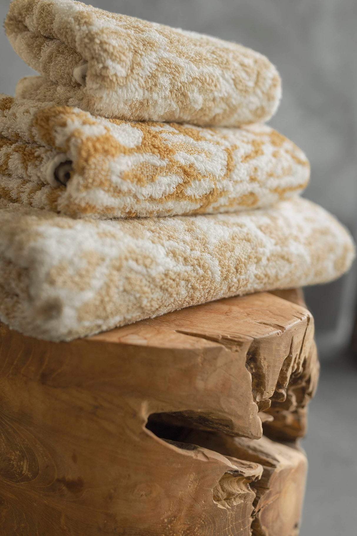 A&H Sauvage Towels, top-to-bottom: 714 Sand, 840 Gold & 714 Sand. Crafted from 100% Egyptian Cotton Extra-Long Staple