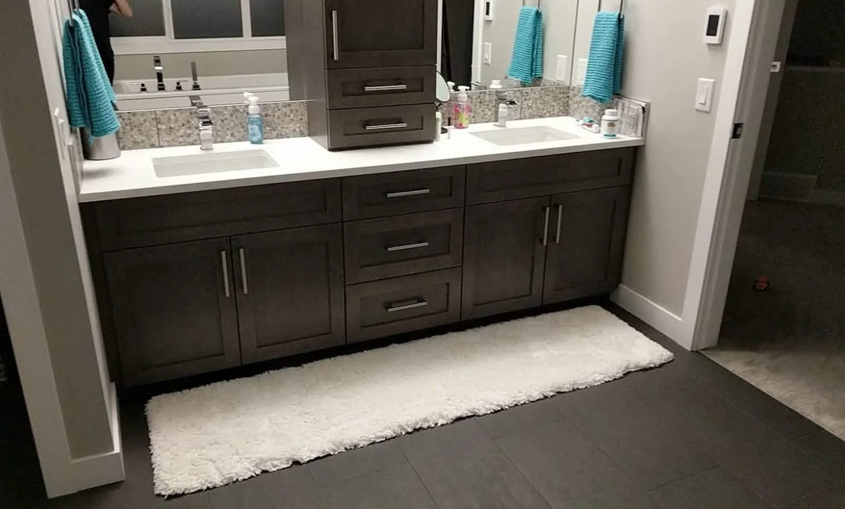 A&H Shag Rug in 100 White, Dual Vanity - shown in a Calgary-area home.