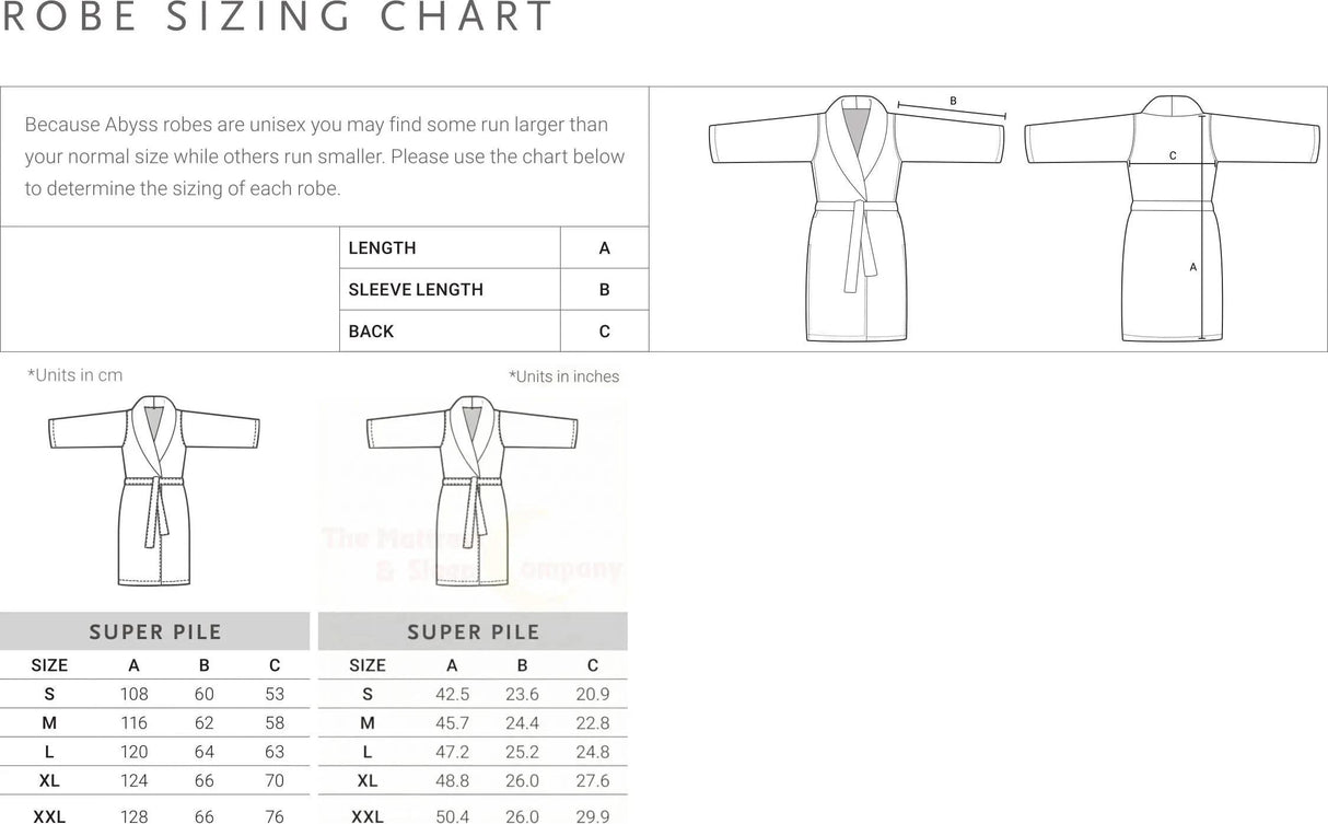 A&H Super Pile Robe unisex sizing chart in metric and imperial dimensions