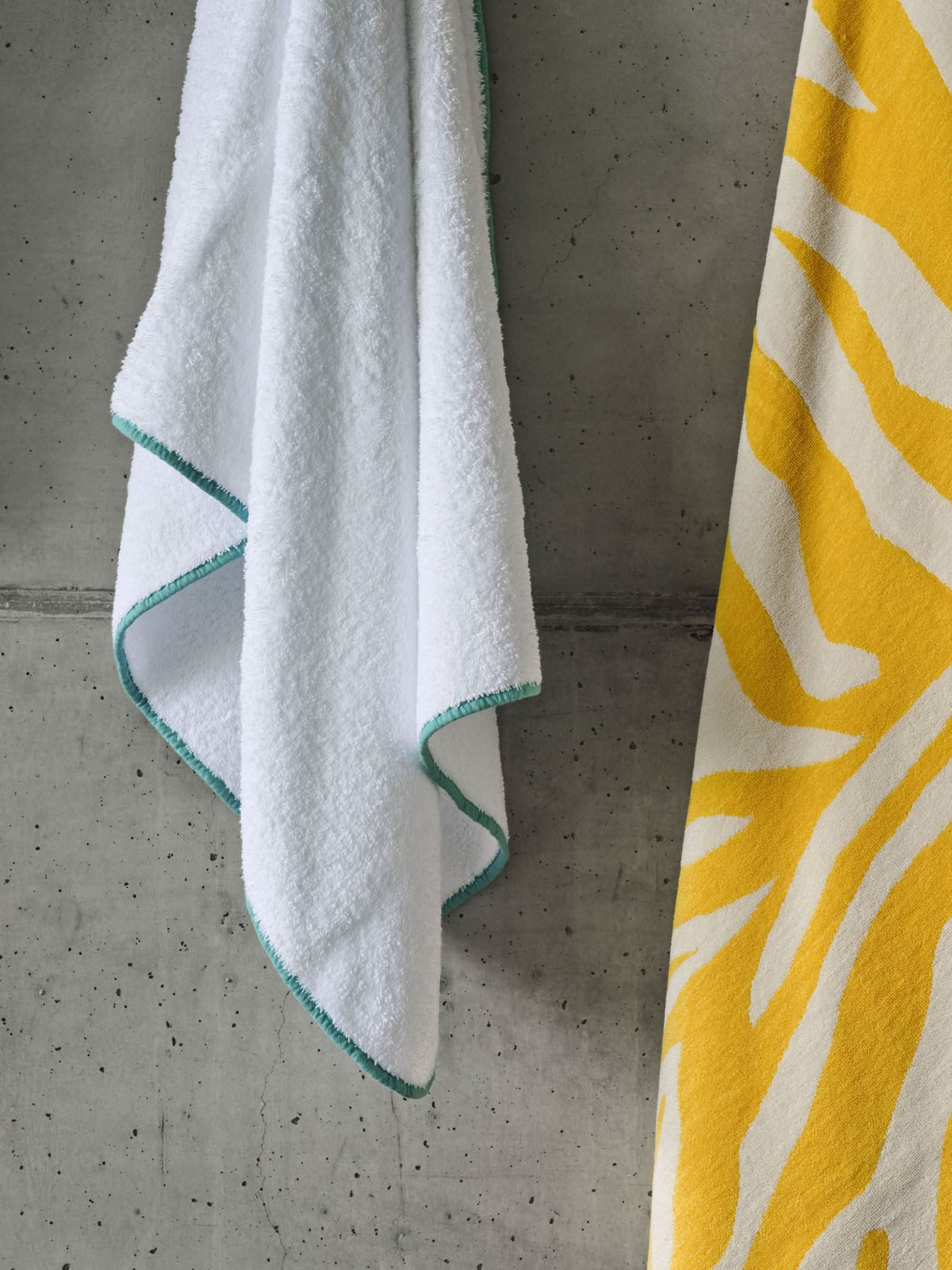 A&H Surf Bath Towel in 302 Lagoon and A&H Zebra Beach Towel in 830 Banane