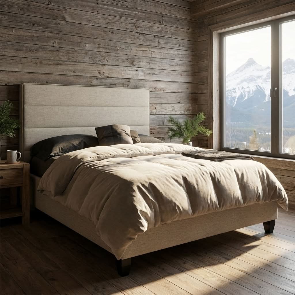 The Adelaide upholstered bed in a rustic Alberta bedroom setting