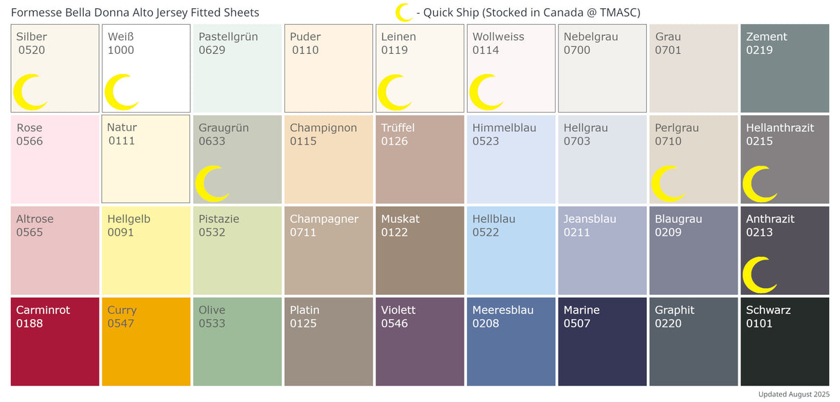 Formesse Bella Donna Jersey fitted sheets colour selection. Colours marked with the TMASC crescent moon are stocked in Canada for quick shipping.