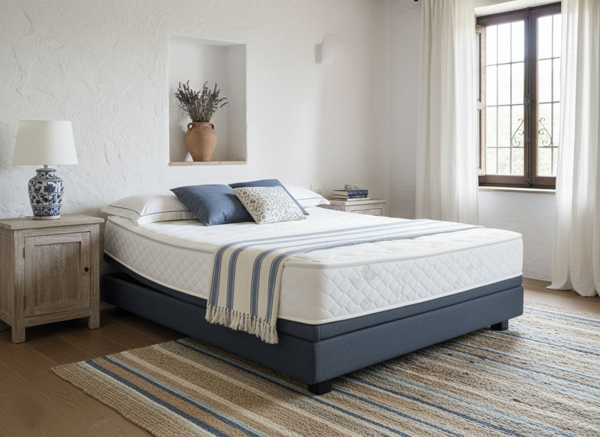 Berkeley Ergonomics Latex Mattress on an Ergomotion Ascend Lift & Tilt adjustable bed. Background is AI imagined.