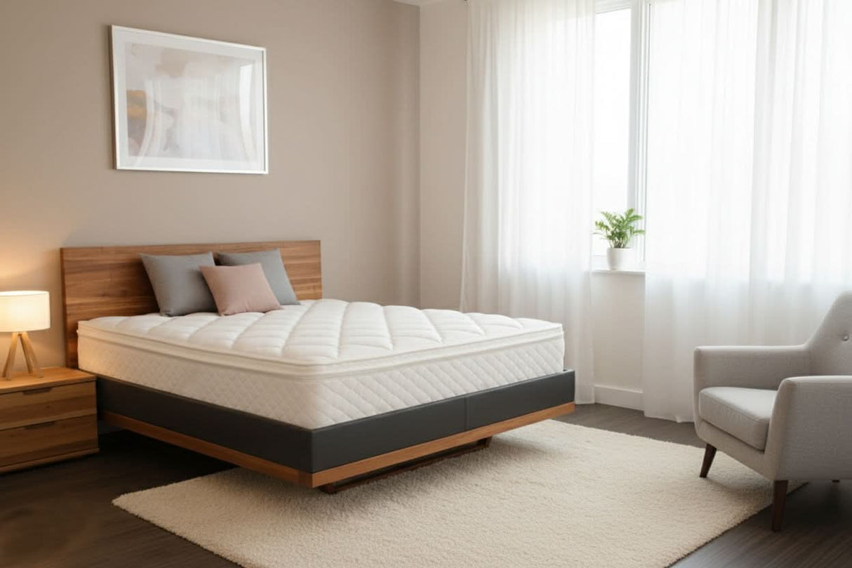 Berkeley Ergonomics Cairo PF Hybrid Mattress and TEAM 7 riletto bed in an AI imagined bedroom scene