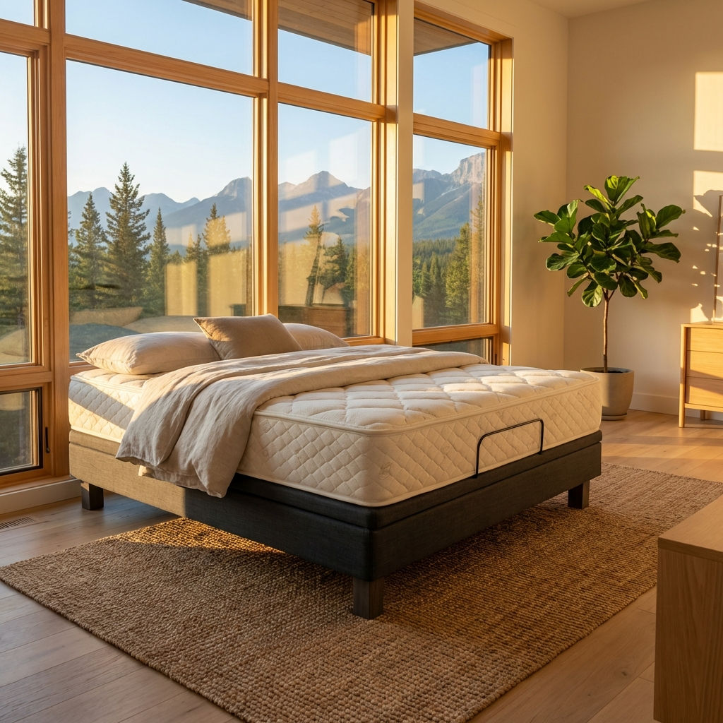 Our BE Copenhagen all-natural latex mattress on the Ergomotion Ascend lift & tilt adjustable bed combine to create the perfect sleep system