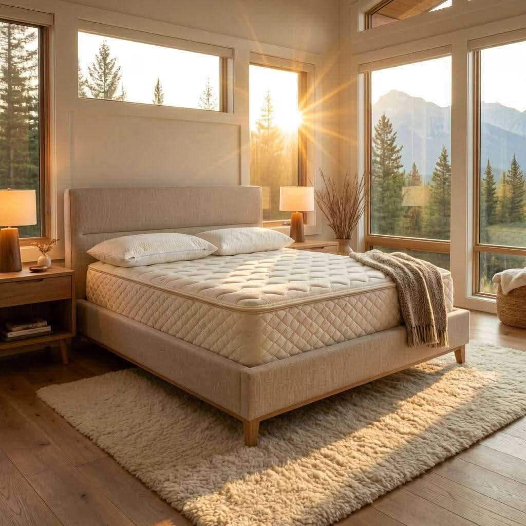 A pair of BE Gümmi Lux shredded latex pillows on a BE York Hybrid Mattress