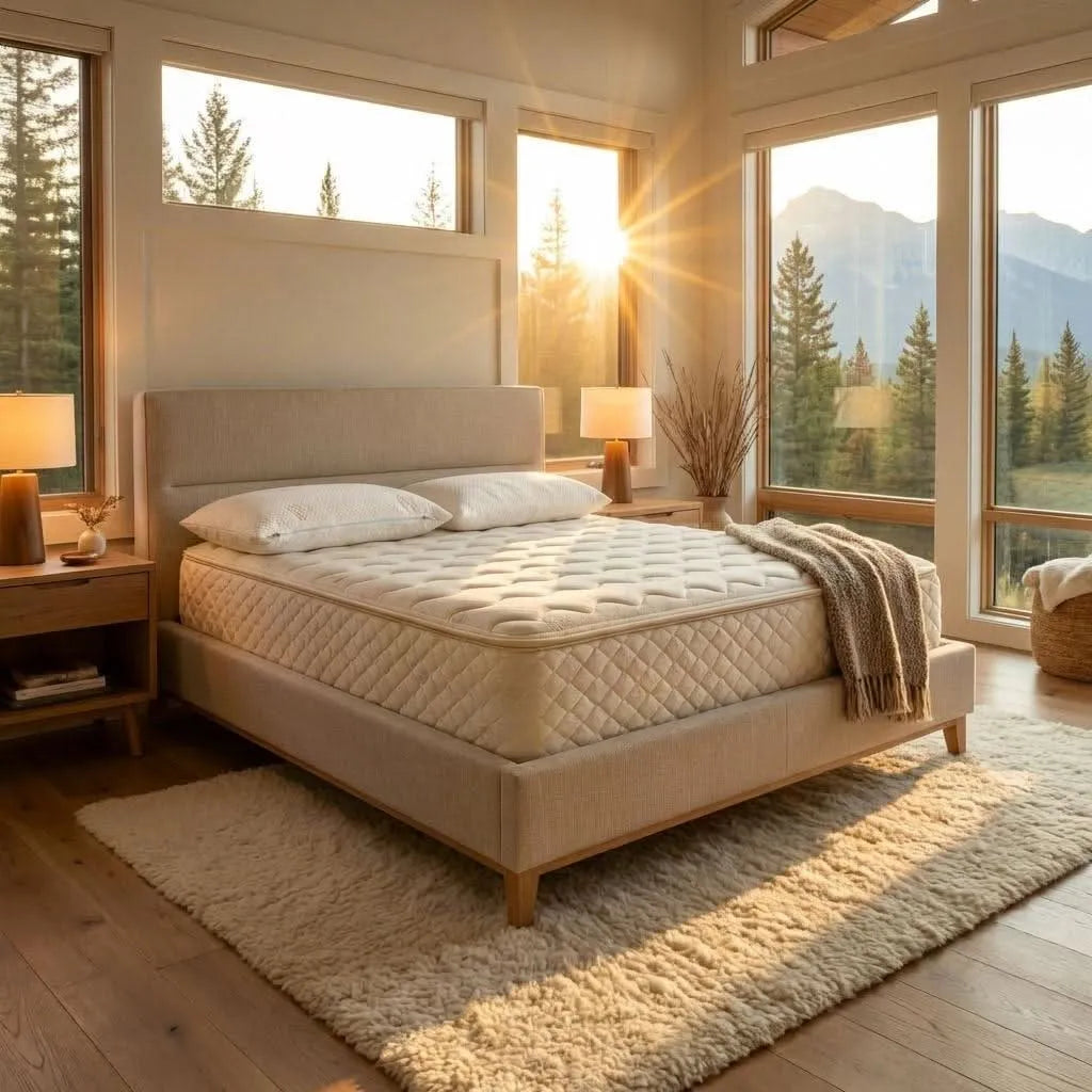 A pair of BE Gümmi Lux shredded latex pillows on a BE York Hybrid Mattress