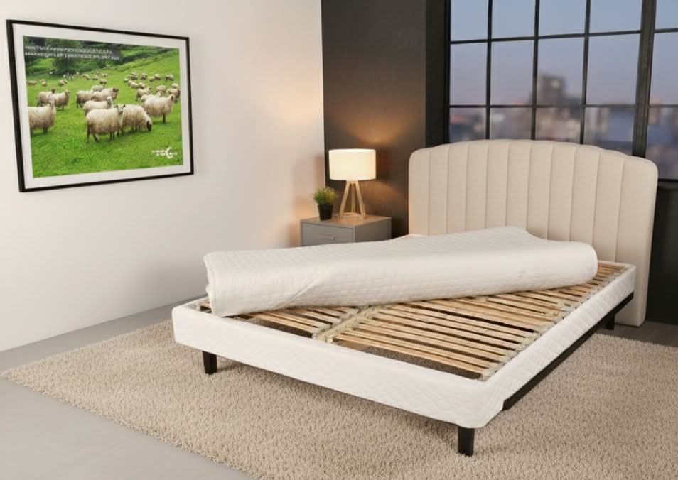 The Berkeley Ergonomics suspension foundation in an AI-imagined bedroom.