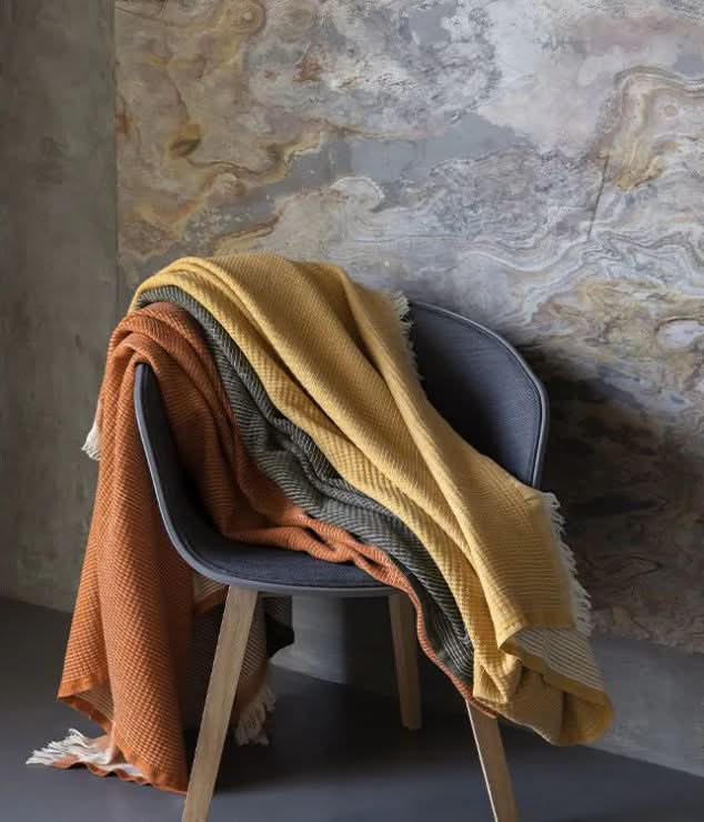 Bottom/Left: Airain (Brass), Middle: Terre (Earth), Top/Right: Myrrhe (Myrrh) Throws (150 x 200 cm)