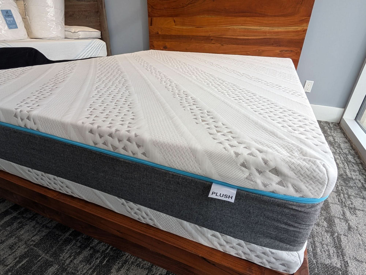 A FLIP Mattress closeup - Plush (soft) primary sleep surface shown here. The Plush side is finished with 2" of Canadian charcoal-infused memory foam.